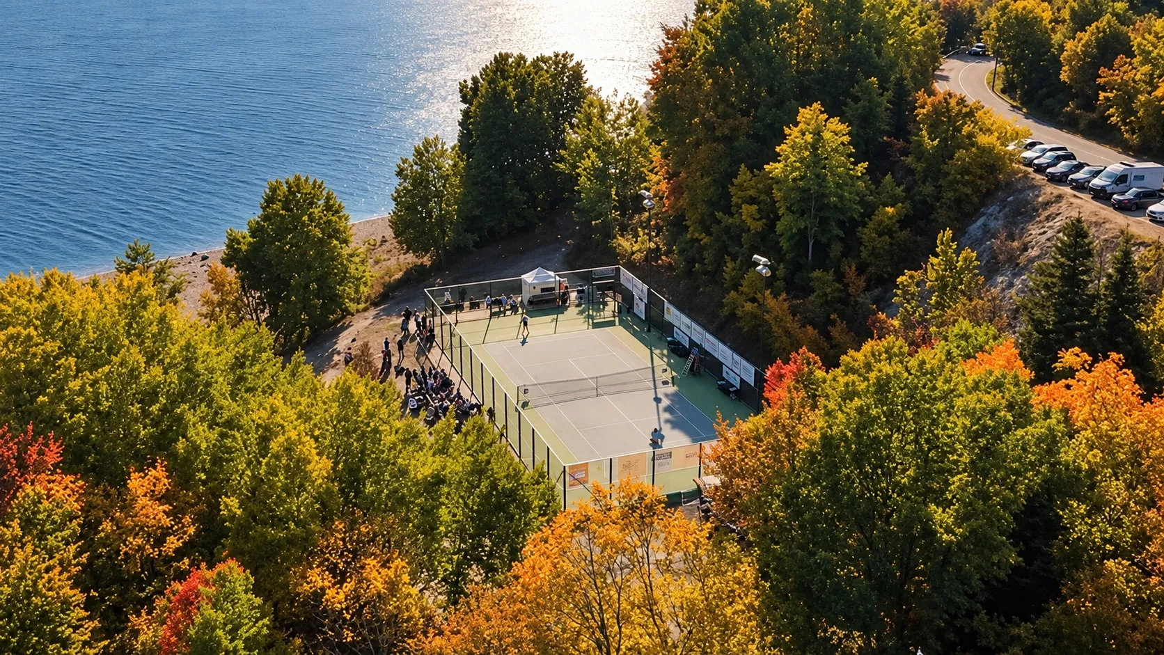 Aerial view of the Mavrovo Open court by the lake